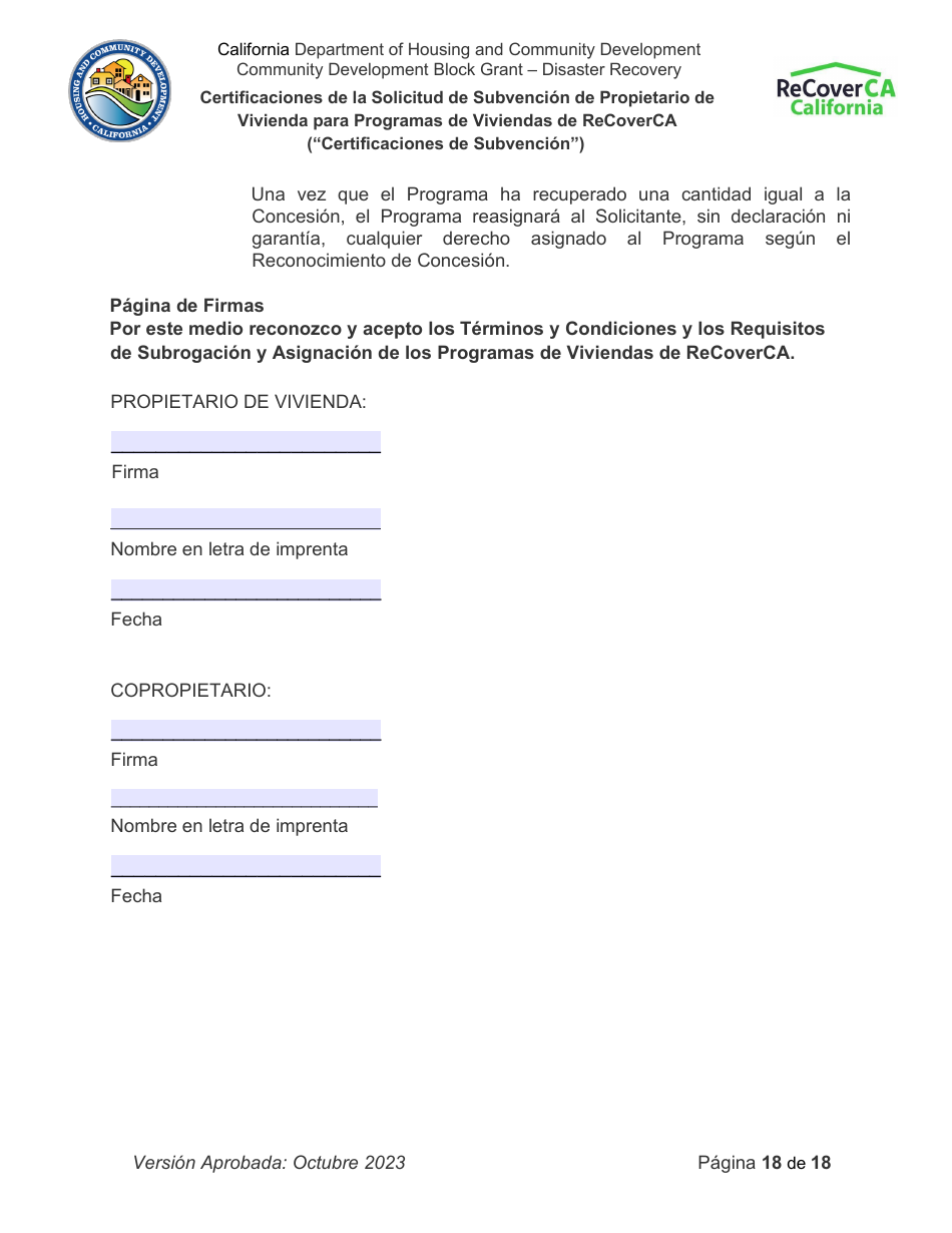 Certificaciones De La Solicitud De Subvencion De Propietario De Vivienda Para Programas De Viviendas De Recoverca - California (Spanish), Page 18