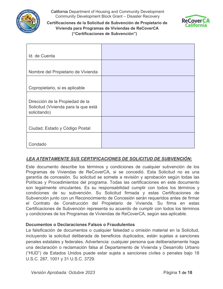 Certificaciones De La Solicitud De Subvencion De Propietario De Vivienda Para Programas De Viviendas De Recoverca - California (Spanish), Page 1