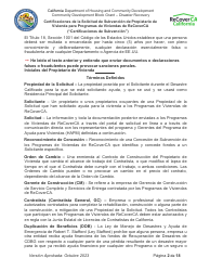 Certificaciones De La Solicitud De Subvencion De Propietario De Vivienda Para Programas De Viviendas De Recoverca - California (Spanish), Page 2