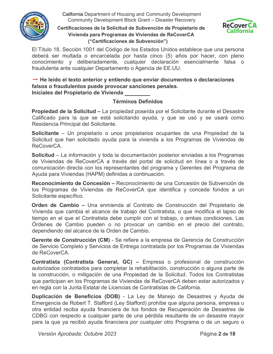 Certificaciones De La Solicitud De Subvencion De Propietario De Vivienda Para Programas De Viviendas De Recoverca - California (Spanish), Page 2