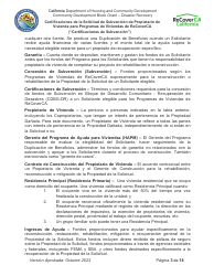 Certificaciones De La Solicitud De Subvencion De Propietario De Vivienda Para Programas De Viviendas De Recoverca - California (Spanish), Page 3