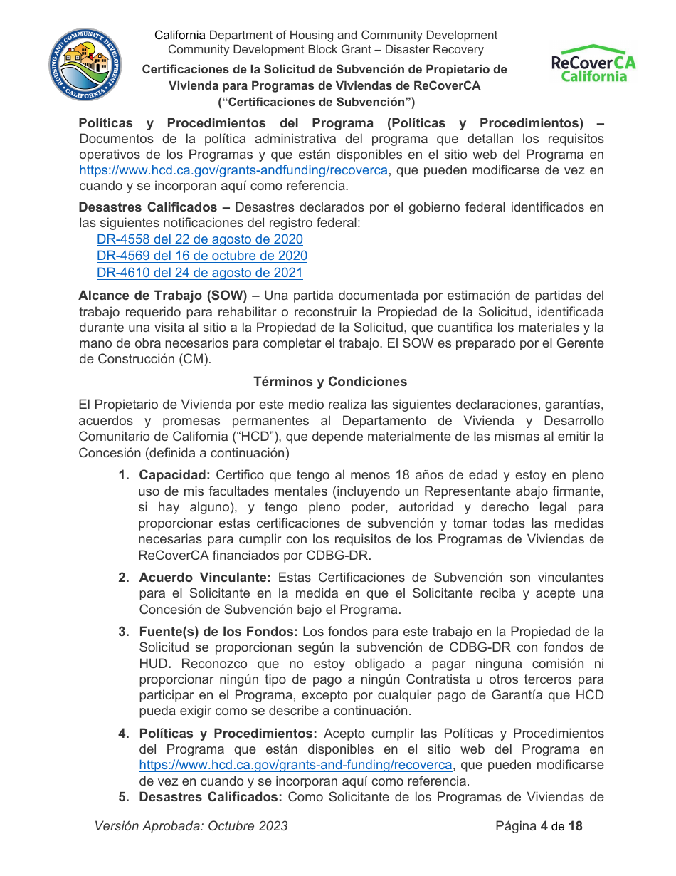Certificaciones De La Solicitud De Subvencion De Propietario De Vivienda Para Programas De Viviendas De Recoverca - California (Spanish), Page 4