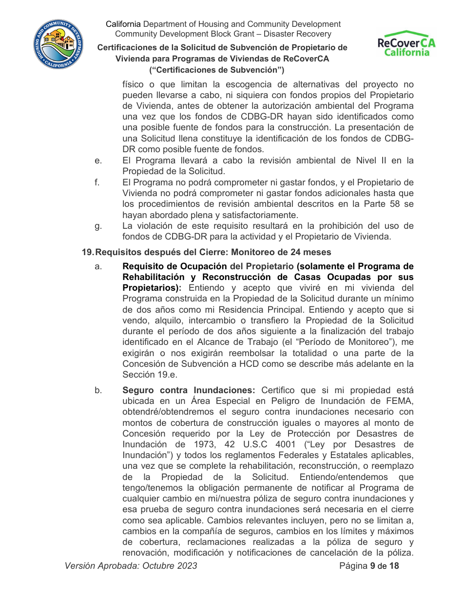 Certificaciones De La Solicitud De Subvencion De Propietario De Vivienda Para Programas De Viviendas De Recoverca - California (Spanish), Page 9