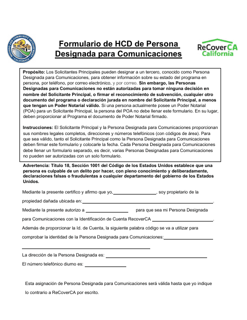 Formulario De Hcd De Persona Designada Para Comunicaciones - California (Spanish) Download Pdf