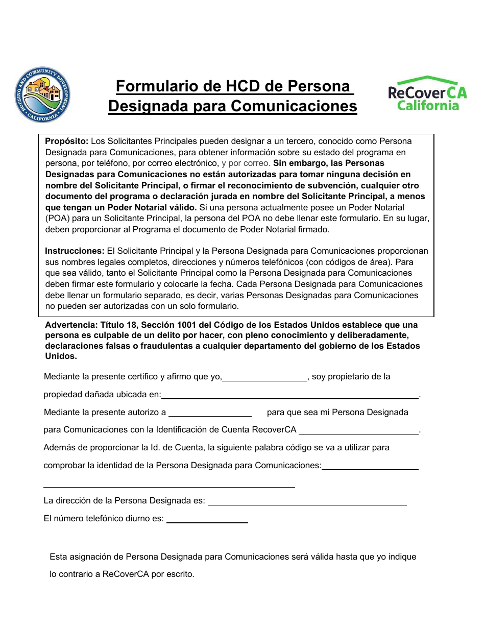 Formulario De Hcd De Persona Designada Para Comunicaciones - California (Spanish), Page 1