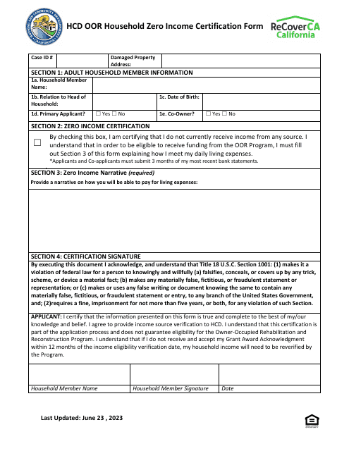 Hcd Oor Household Zero Income Certification Form - California