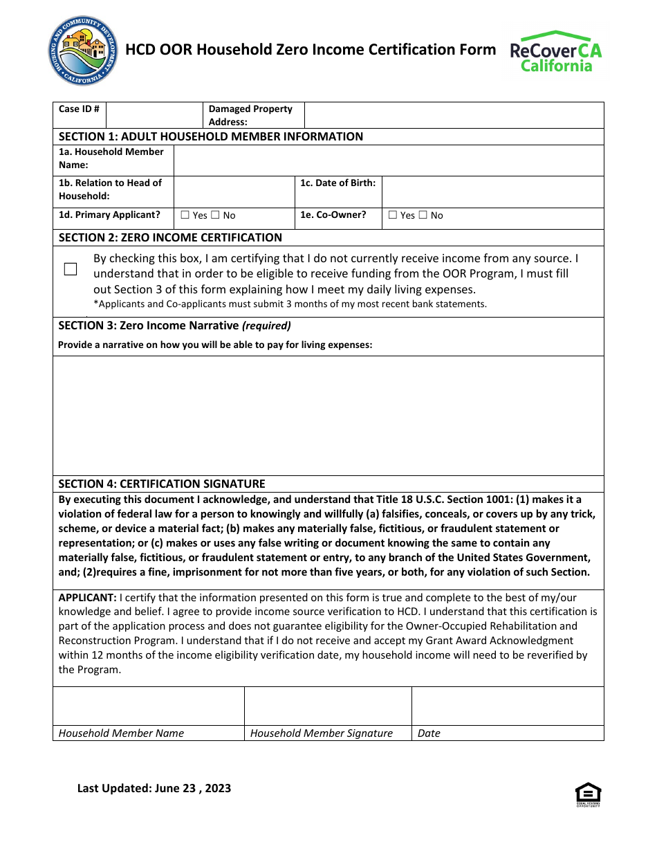 Hcd Oor Household Zero Income Certification Form - California, Page 1