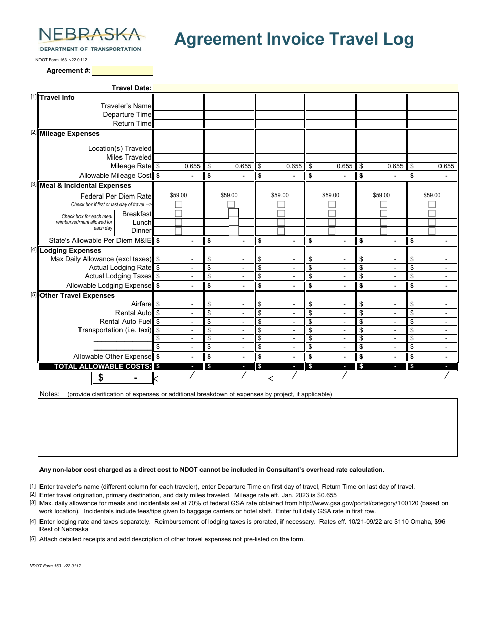 NDOT Form 163 Agreement Invoice Travel Log - Nebraska, Page 1