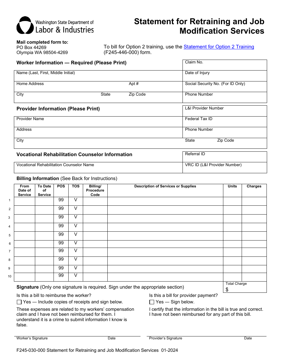 Form F245-030-000 Statement for Retraining and Job Modification Services - Washington, Page 1
