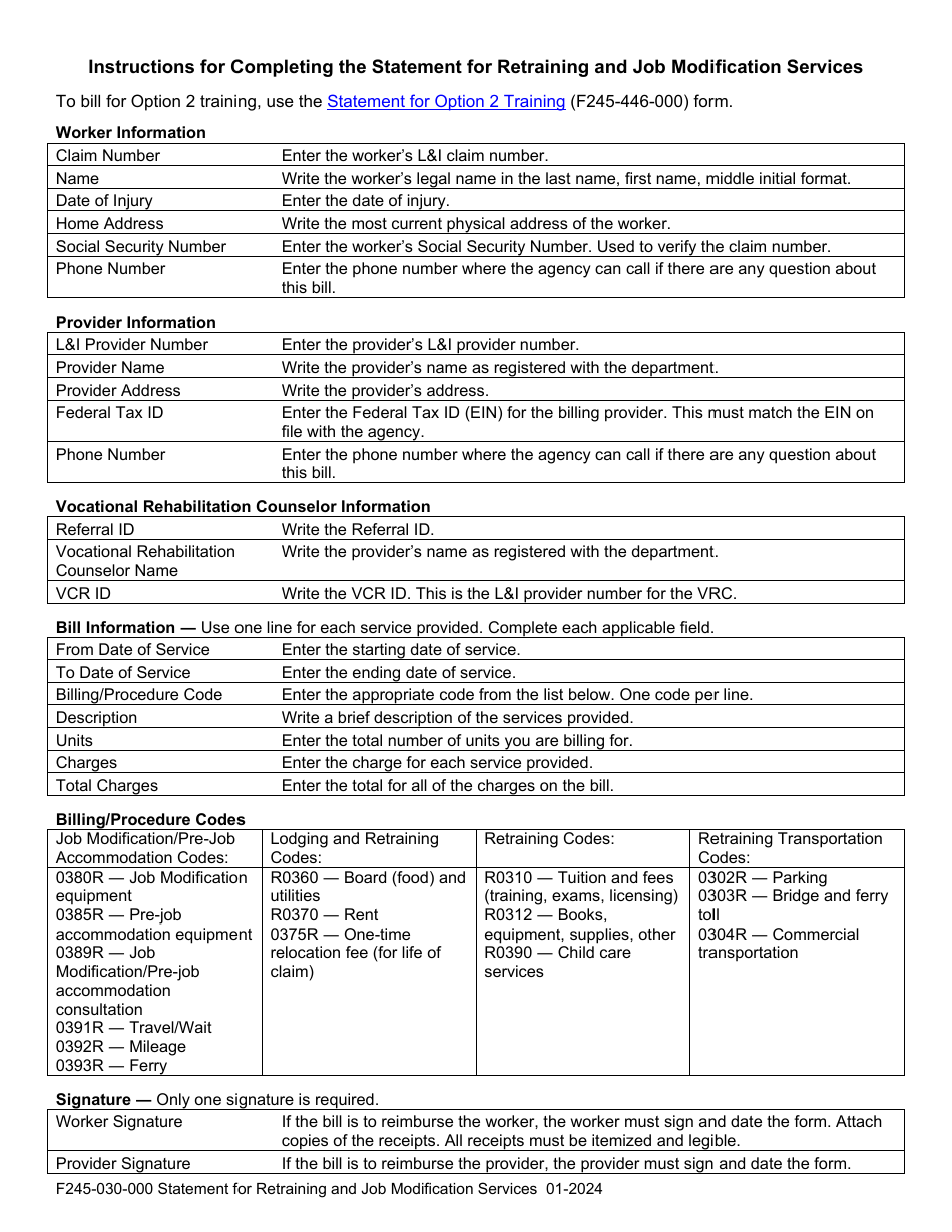 Form F245-030-000 Statement for Retraining and Job Modification Services - Washington, Page 2