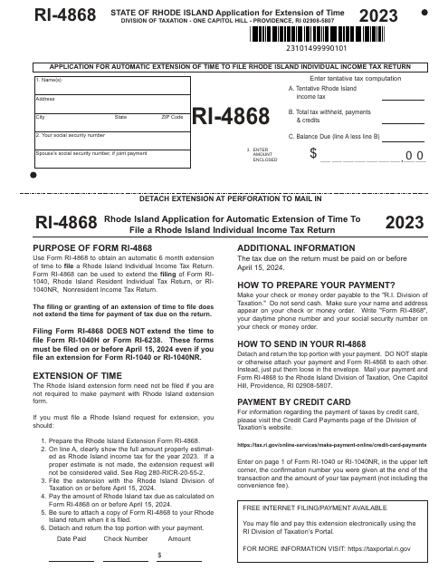 Form RI-4868 Application for Automatic Extension of Time to File Rhode Island Individual Income Tax Return - Rhode Island, 2023