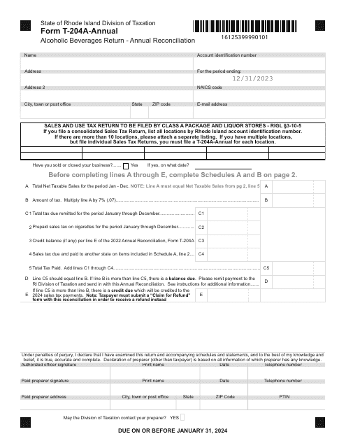 Form T-204A-ANNUAL Alcoholic Beverages Return - Annual Reconciliation - Rhode Island, 2023