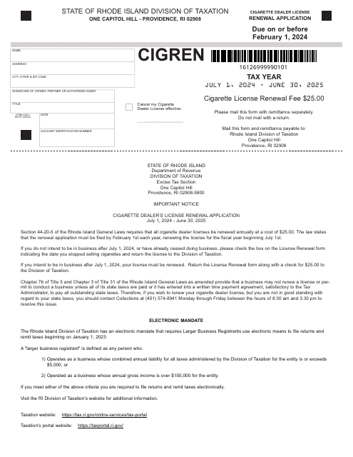 Form CDR-1 Cigarette Dealer License Renewal(application - Rhode Island, 2025