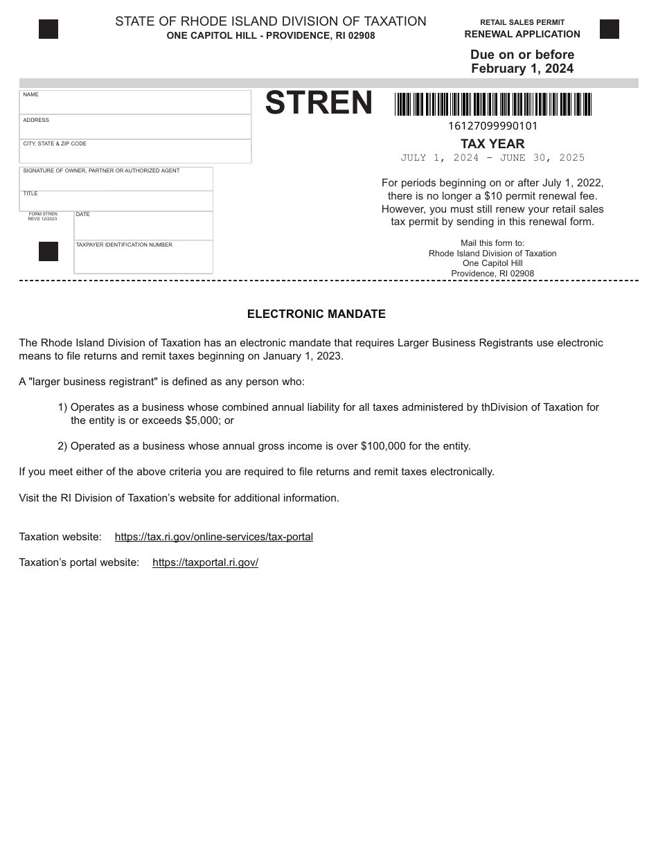 Form STREN Retail Sales Permit Renewal(application - Rhode Island, Page 1