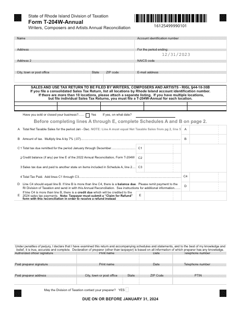 Form T-204W-ANNUAL 2023 Printable Pdf