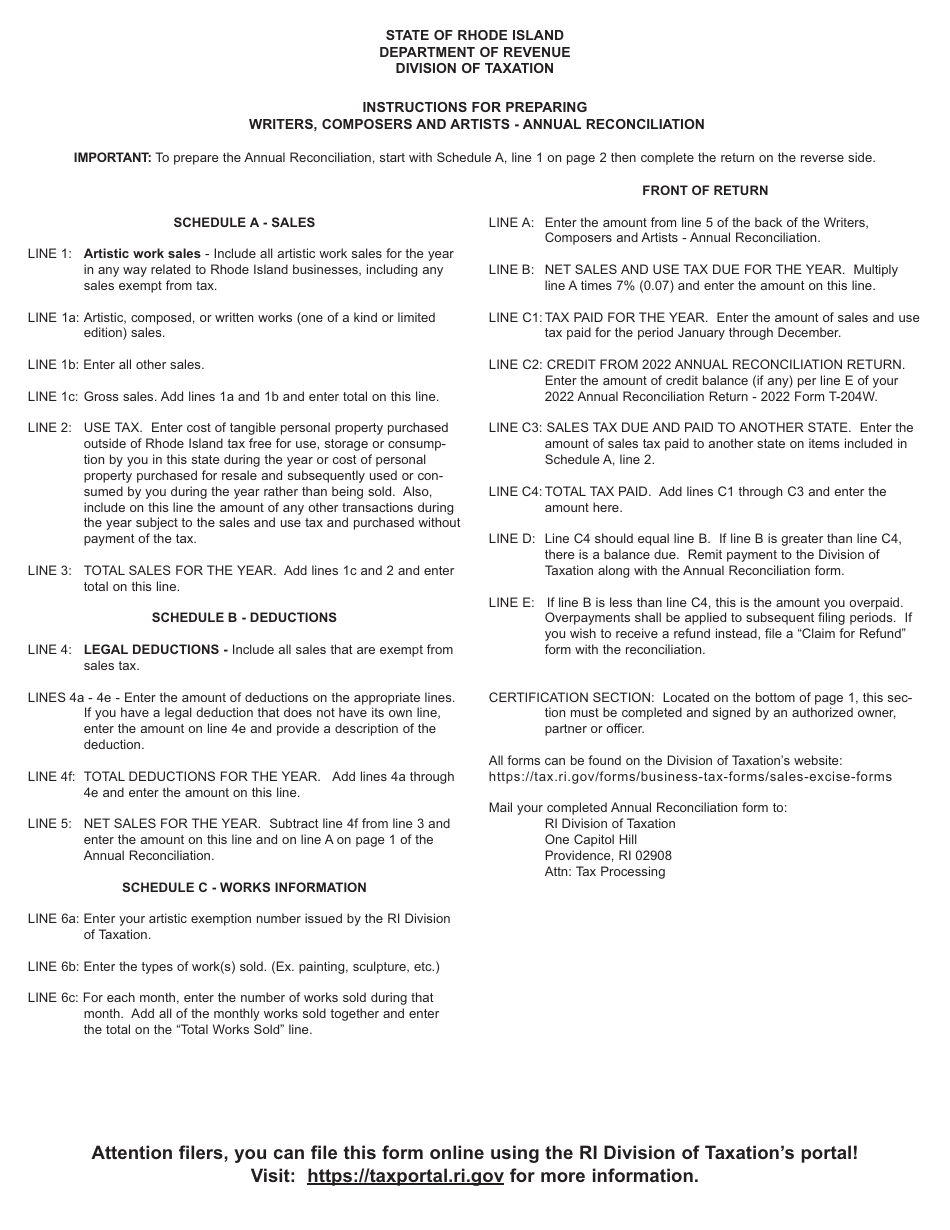 Form T-204W-ANNUAL Writers, Composers and Artists Annual Reconciliation - Rhode Island, Page 3