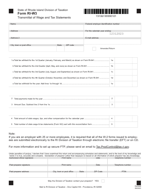 Form RI-W3 2023 Printable Pdf