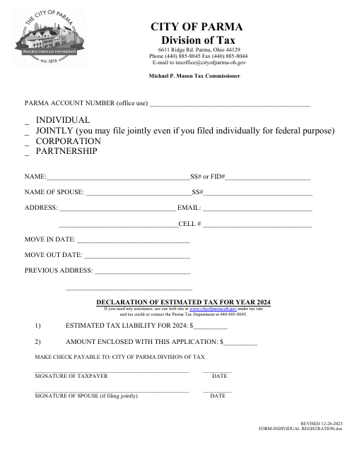 Individual Registration Form - City of Parma, Ohio