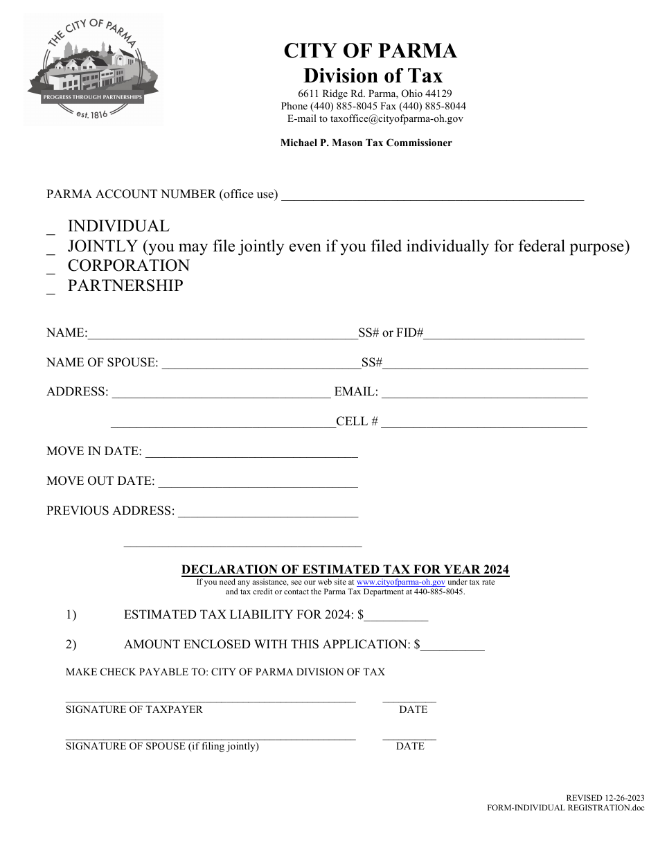 Individual Registration Form - City of Parma, Ohio, Page 1