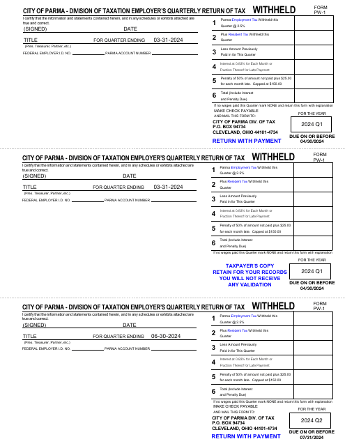 Form PW-1 Quarterly Withholdings Form - City of Parma, Ohio, 2024