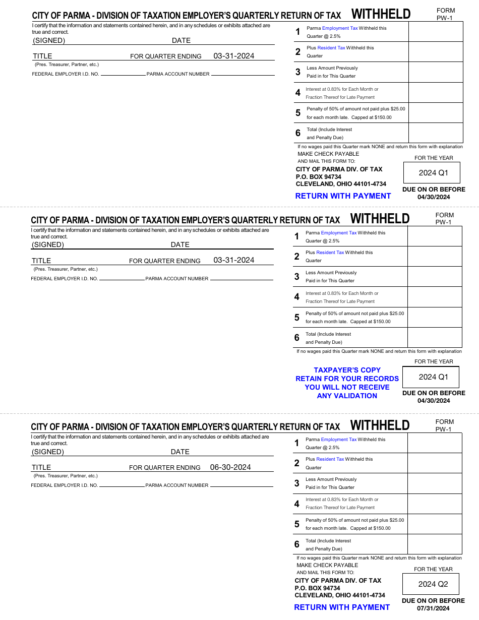 Form PW-1 Quarterly Withholdings Form - City of Parma, Ohio, Page 1