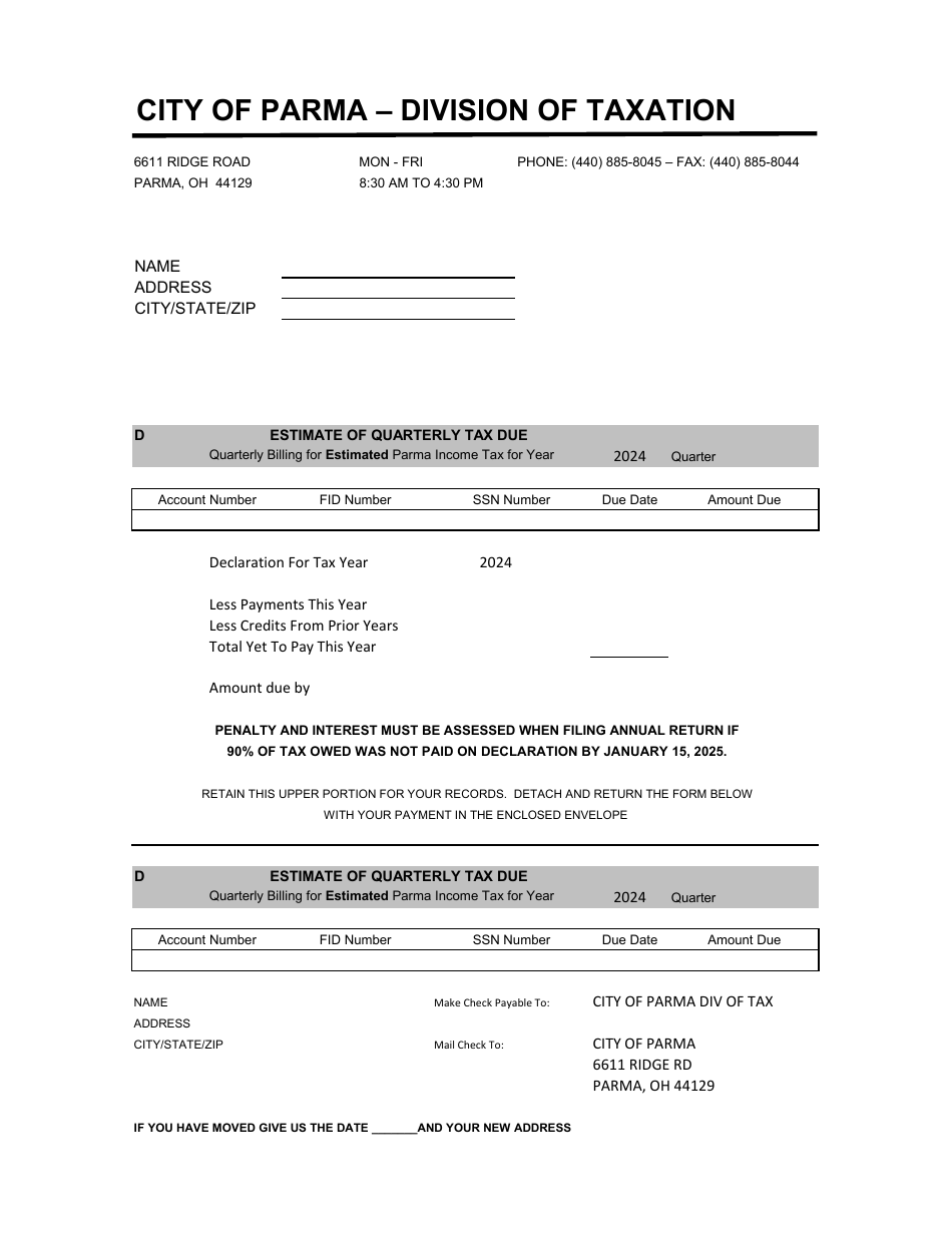 2024 City of Parma, Ohio Individual Estimate of Quarterly Tax Due