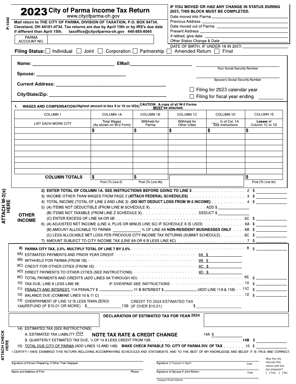 Form P-1040 Income Tax Return - City of Parma, Ohio, Page 1