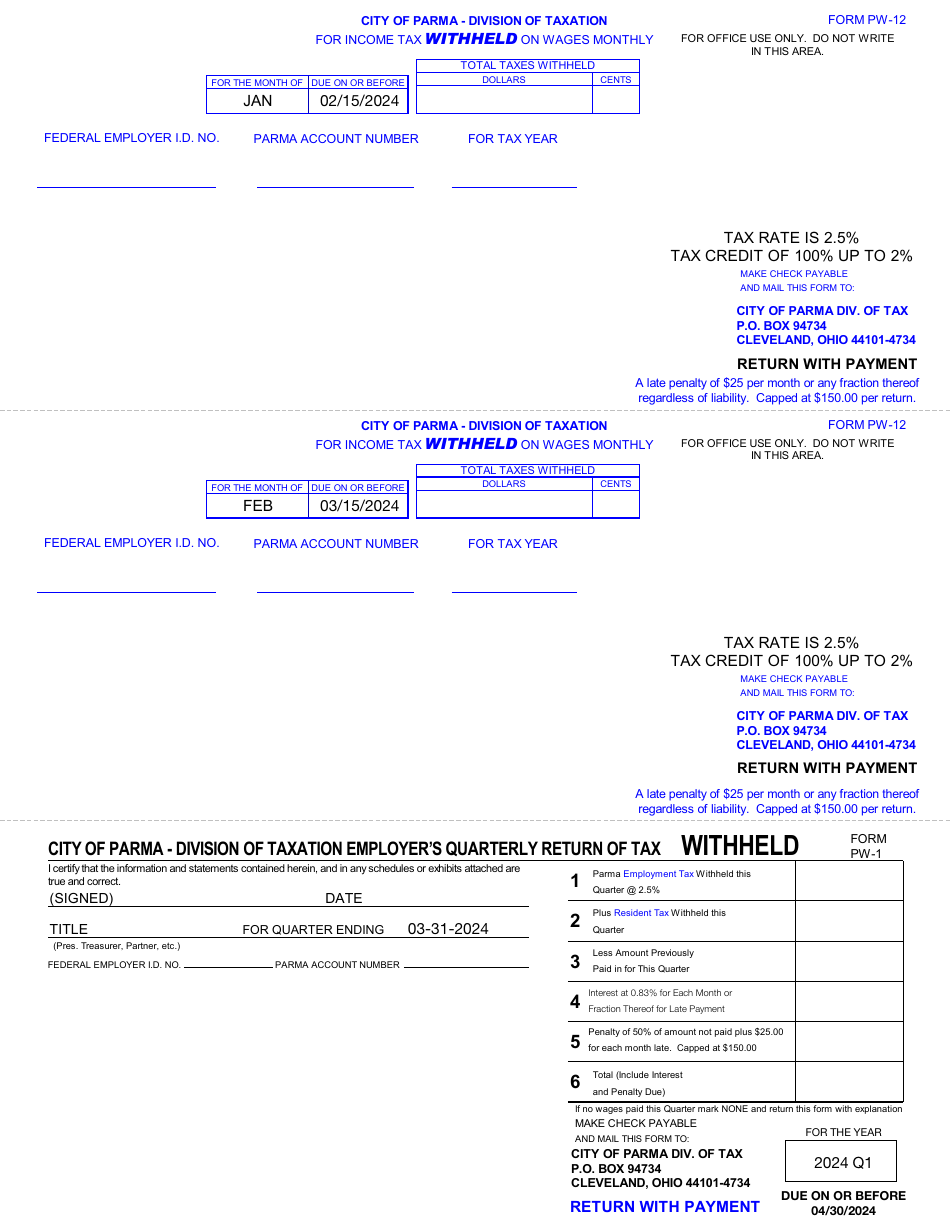 Form PW-12 (PW-1) Monthly / Quarterly Withholdings Form - City of Parma, Ohio, Page 1