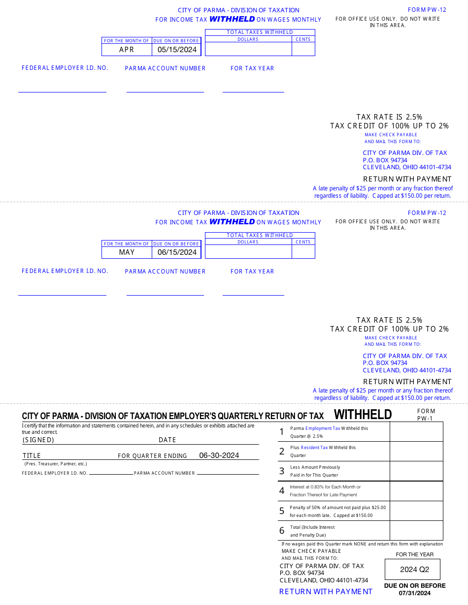 Form PW-12 (PW-1) Monthly / Quarterly Withholdings Form - City of Parma, Ohio, Page 3