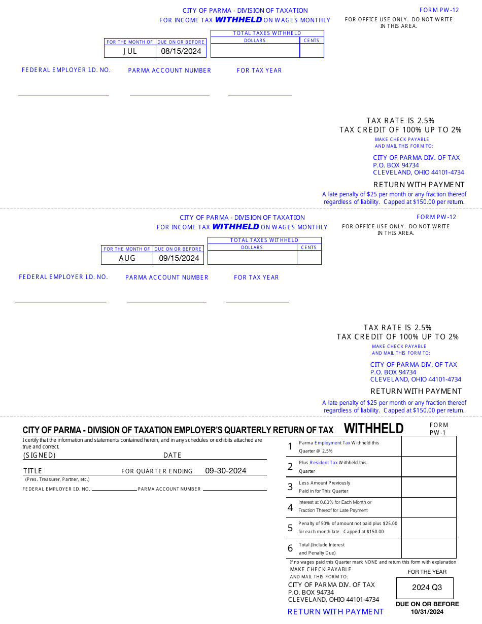 Form PW-12 (PW-1) Monthly / Quarterly Withholdings Form - City of Parma, Ohio, Page 5
