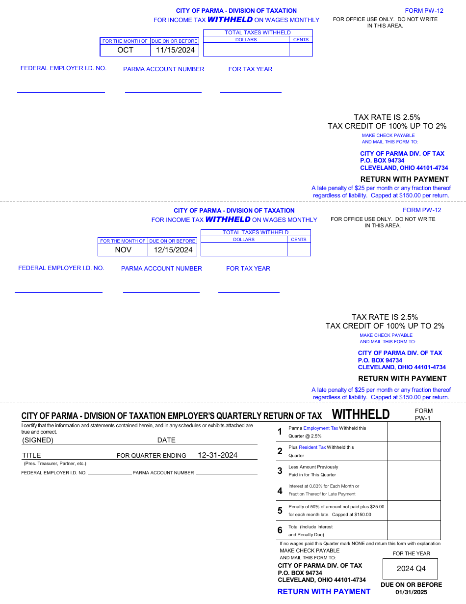 Form PW-12 (PW-1) Monthly / Quarterly Withholdings Form - City of Parma, Ohio, Page 7