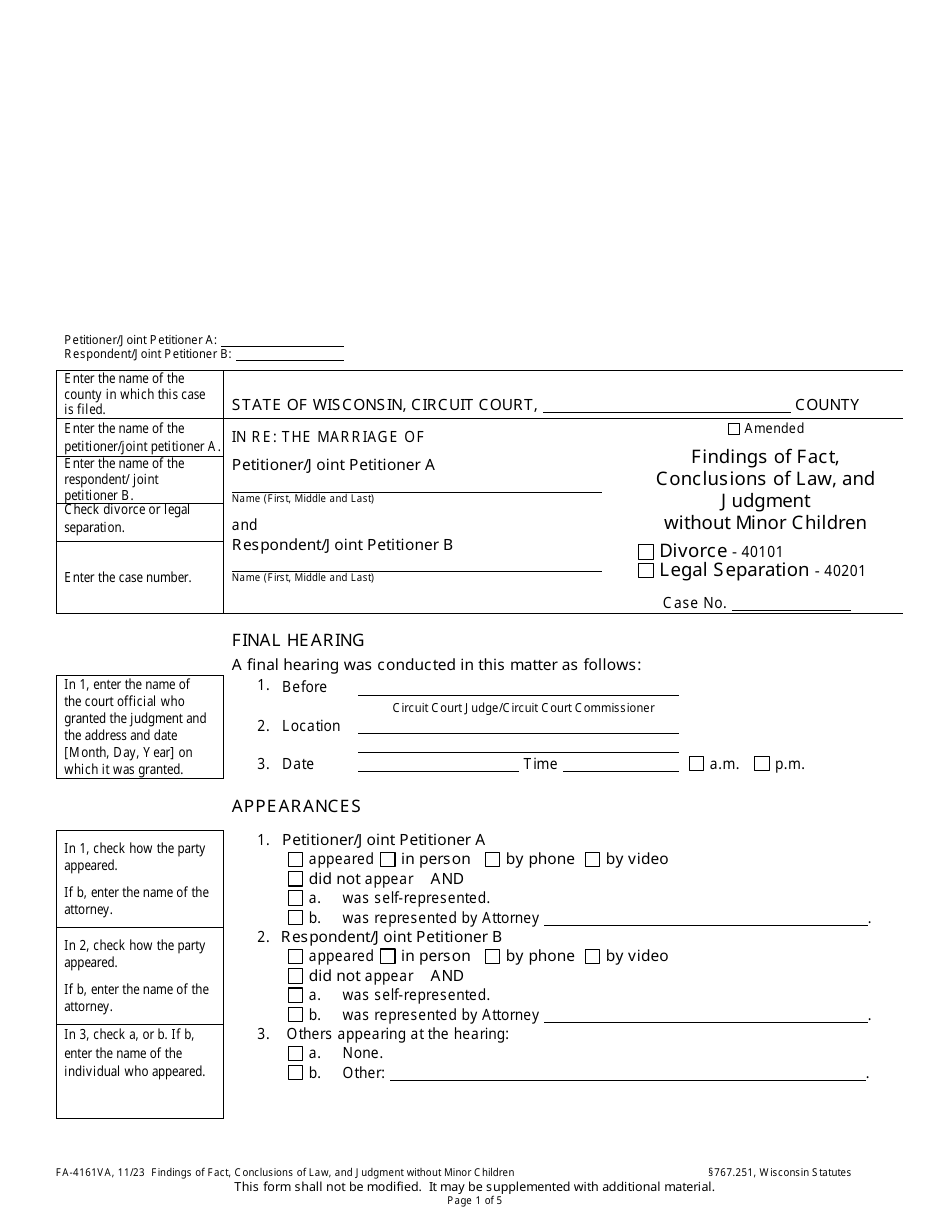 Form FA-4161VA Findings of Fact, Conclusions of Law, and Judgment Without Minor Children - Wisconsin, Page 1