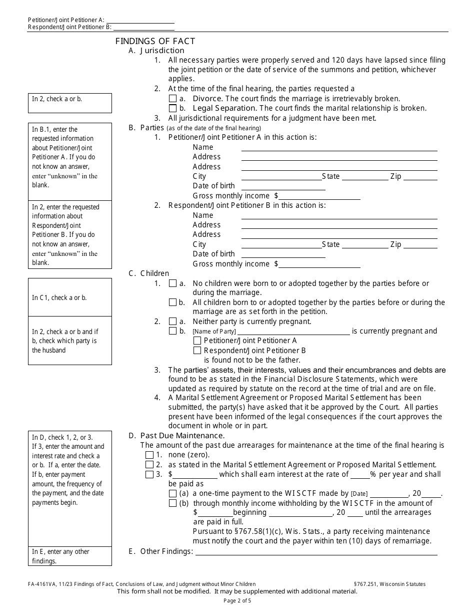 Form FA-4161VA Findings of Fact, Conclusions of Law, and Judgment Without Minor Children - Wisconsin, Page 2