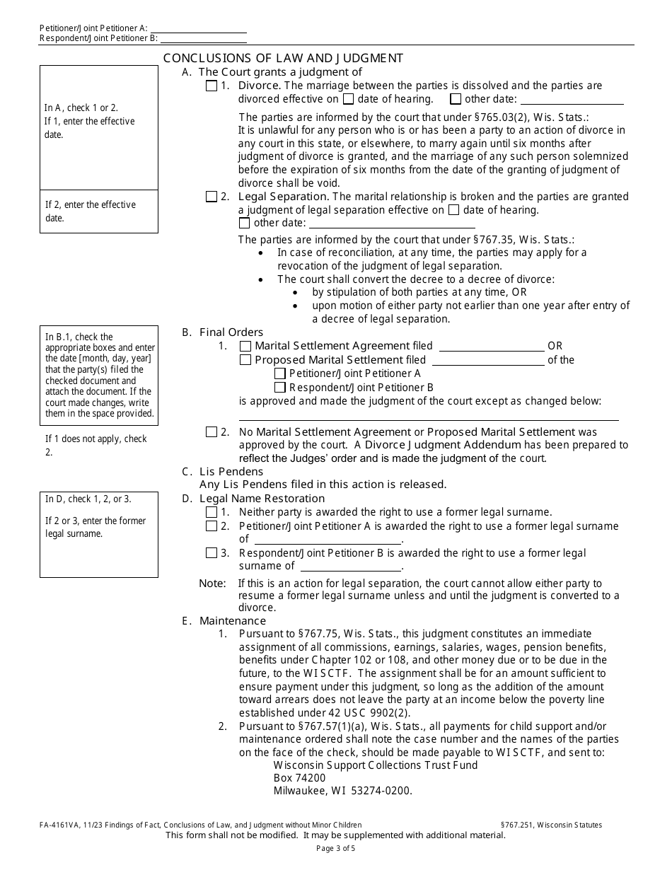 Form FA-4161VA Findings of Fact, Conclusions of Law, and Judgment Without Minor Children - Wisconsin, Page 3