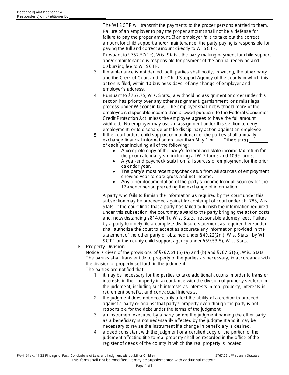 Form FA-4161VA Findings of Fact, Conclusions of Law, and Judgment Without Minor Children - Wisconsin, Page 4