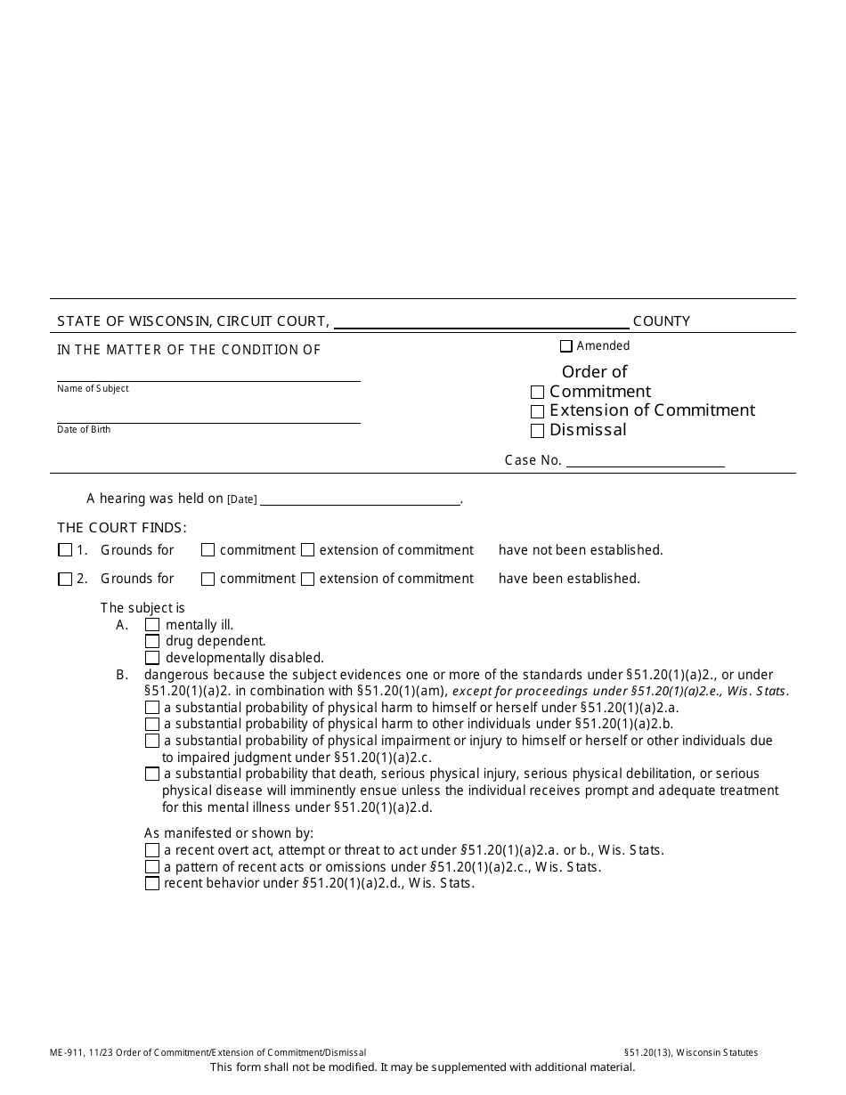 Form ME-911 Order of Commitment / Extension of Commitment / Dismissal - Wisconsin, Page 1