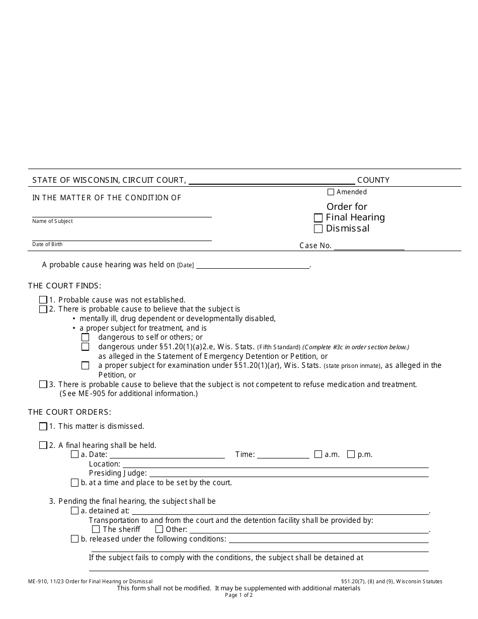 Form ME-910 Order for Final Hearing or Dismissal - Wisconsin, Page 1