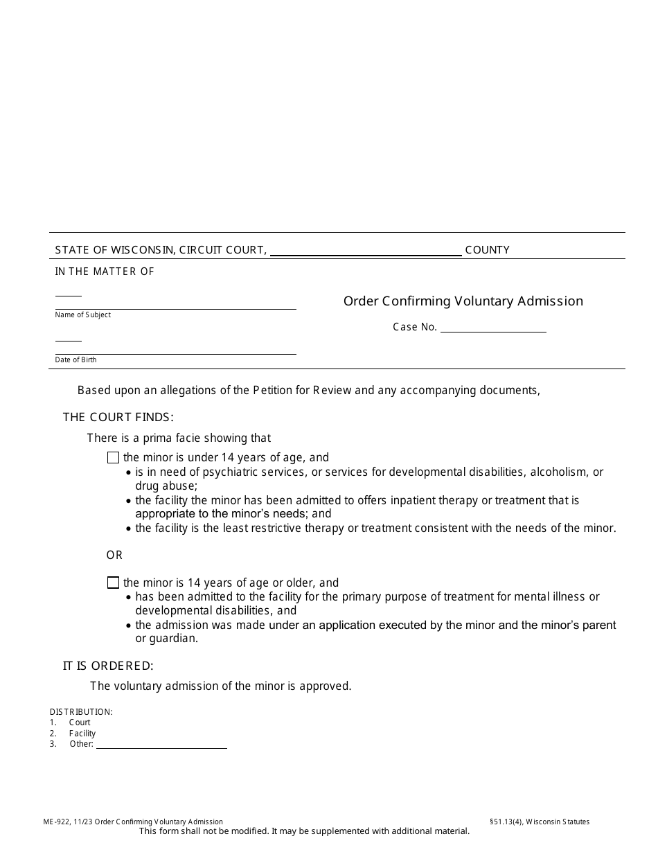 Form ME-922 Order Confirming Voluntary Admission - Wisconsin, Page 1