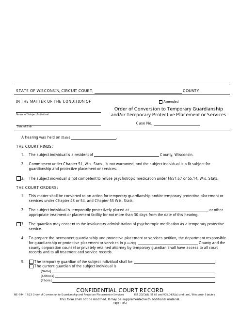 Form ME-944 Order of Conversion to Temporary Guardianship and/or Temporary Protective Placement or Services - Wisconsin