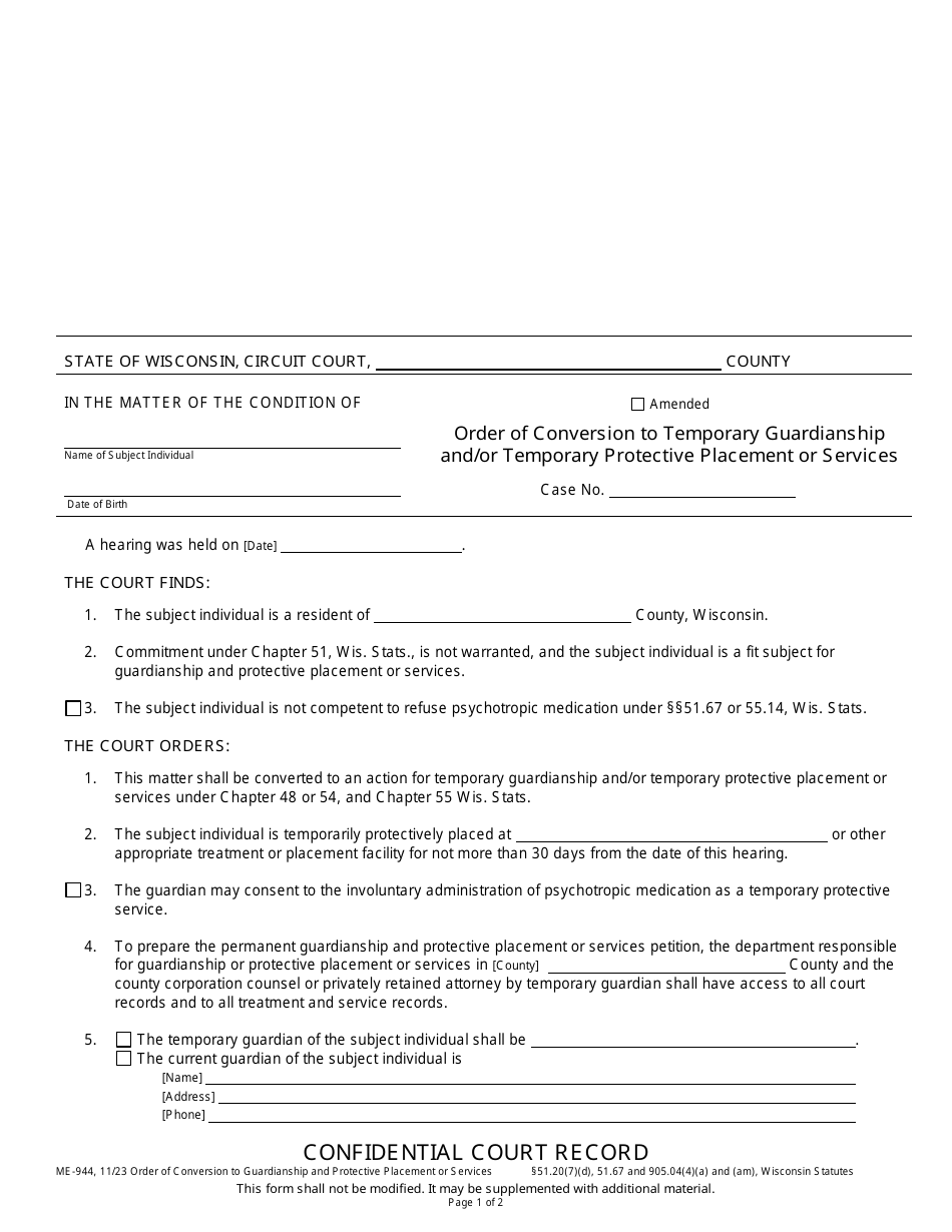 Form ME-944 Order of Conversion to Temporary Guardianship and / or Temporary Protective Placement or Services - Wisconsin, Page 1