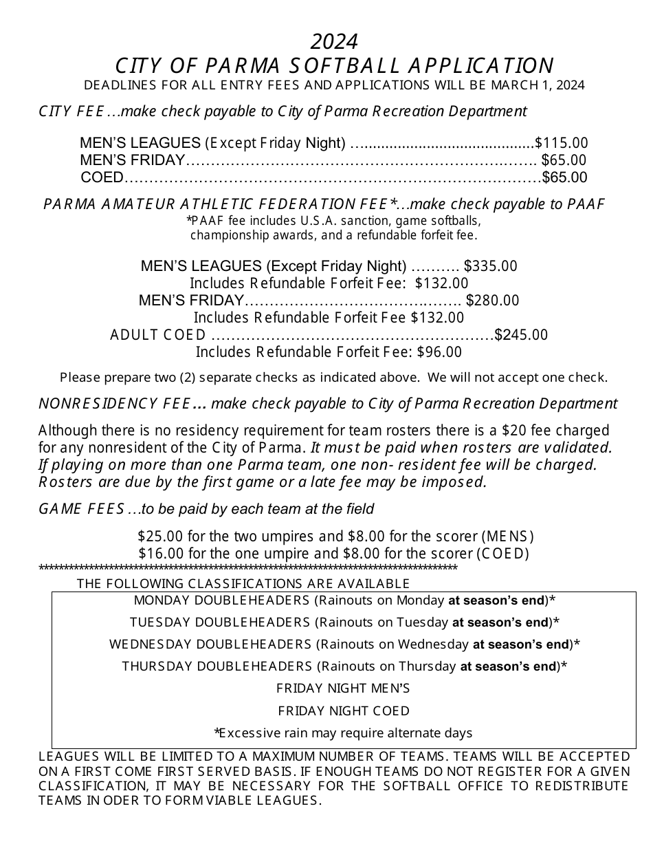 Softball Application - City of Parma, Ohio, Page 1