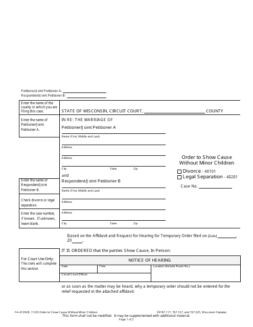 Form FA-4129VB Order to Show Cause Without Minor Children - Wisconsin