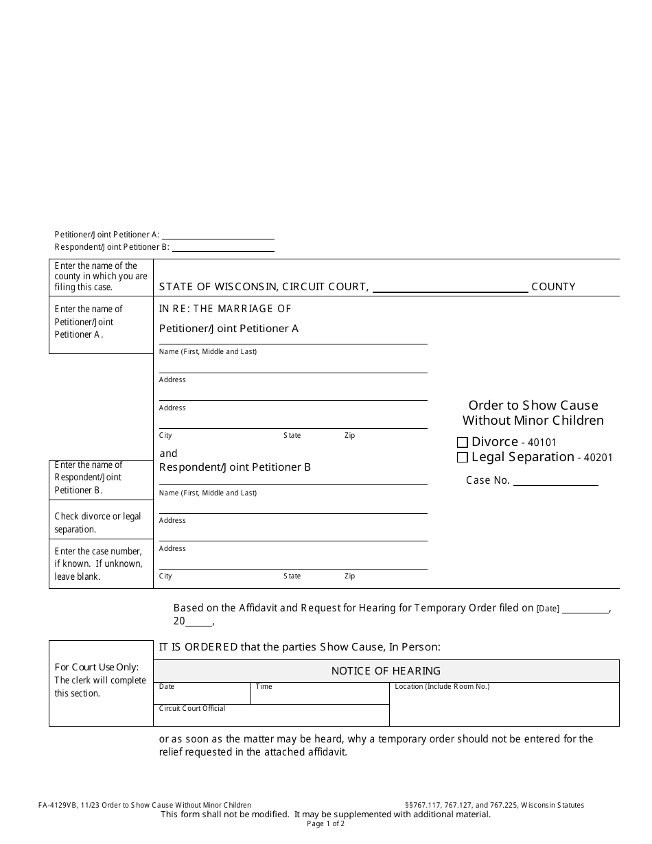 Form FA-4129VB Order to Show Cause Without Minor Children - Wisconsin, Page 1