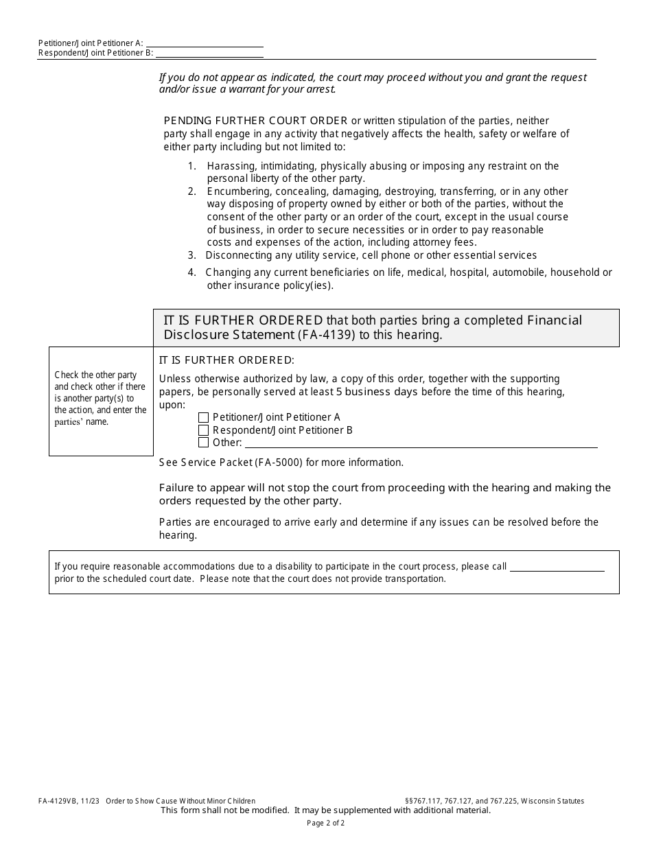 Form FA-4129VB Order to Show Cause Without Minor Children - Wisconsin, Page 2