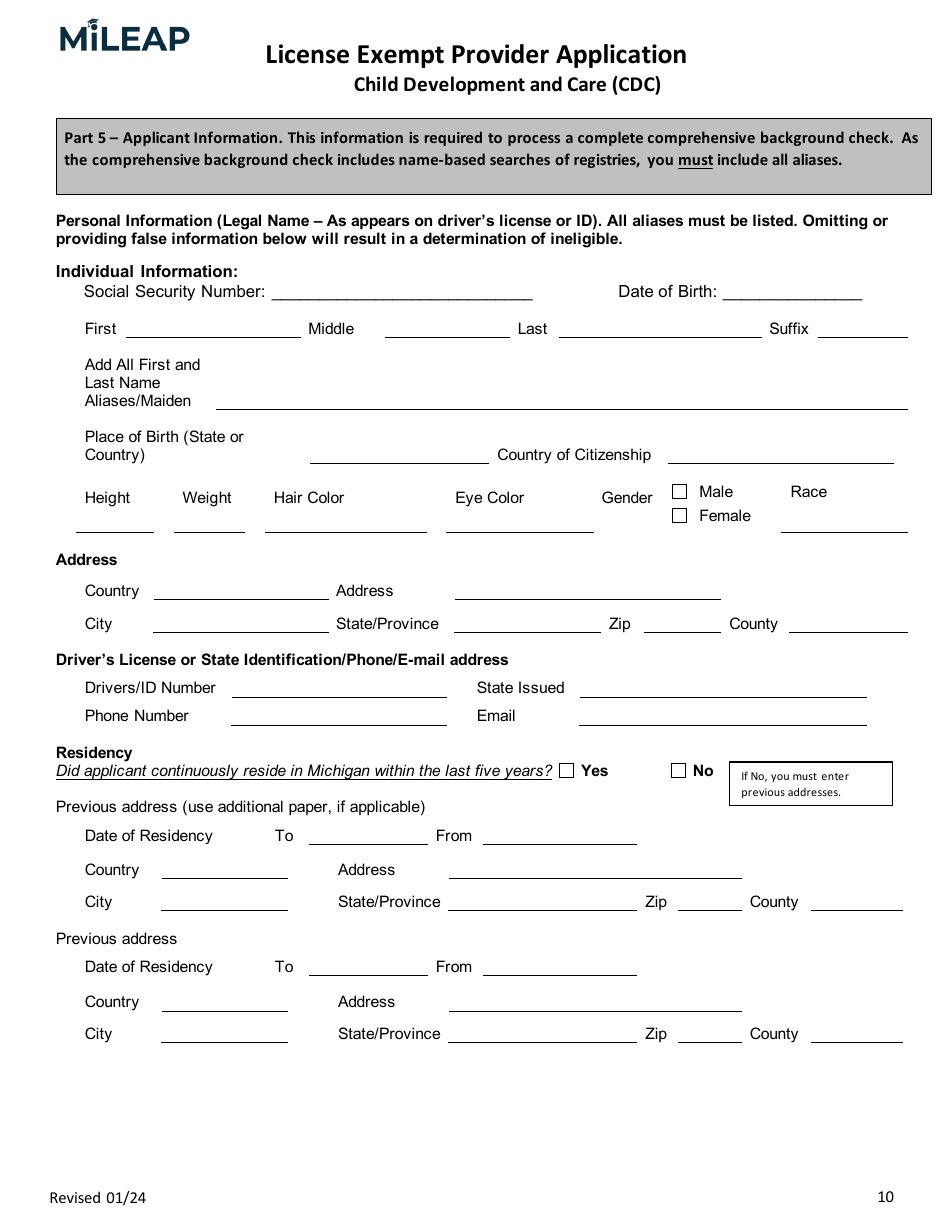 License Exempt Provider Application - Michigan, Page 10