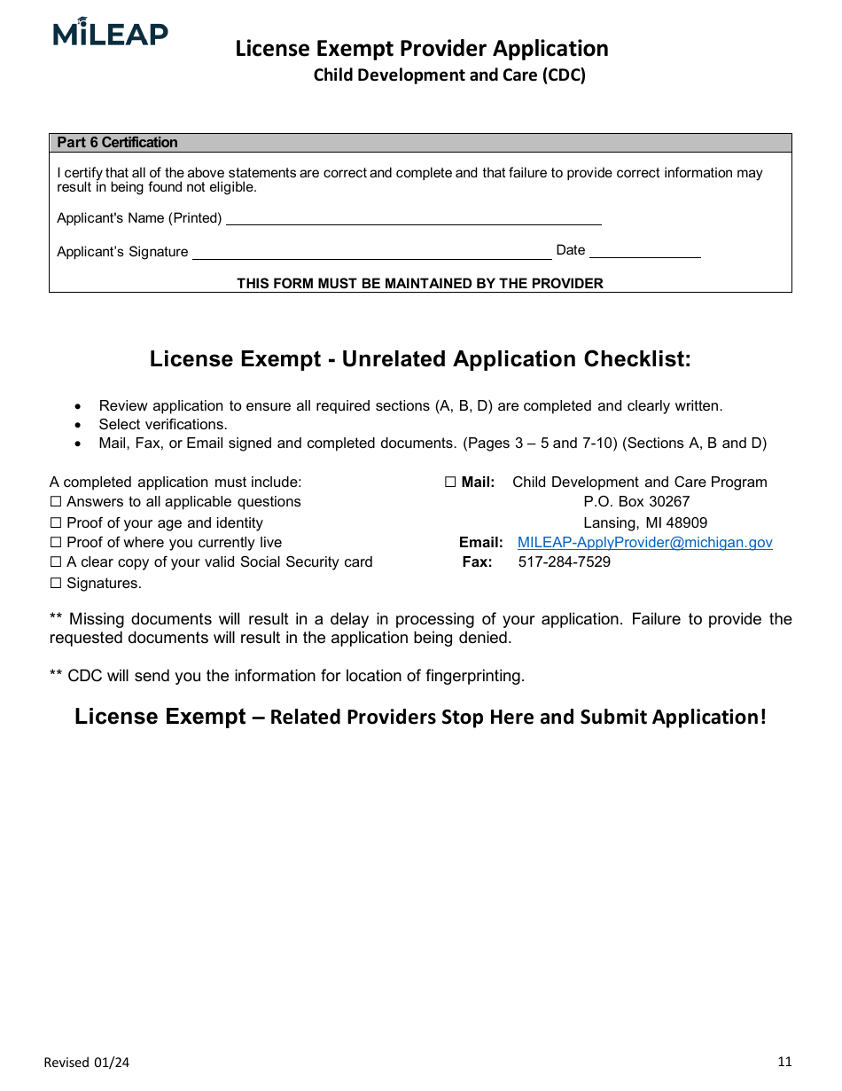 License Exempt Provider Application - Michigan, Page 11
