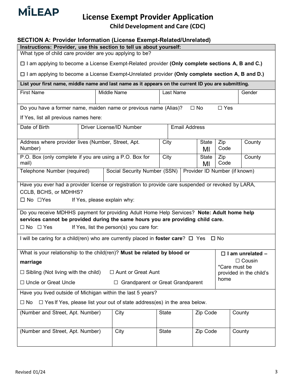 License Exempt Provider Application - Michigan, Page 3