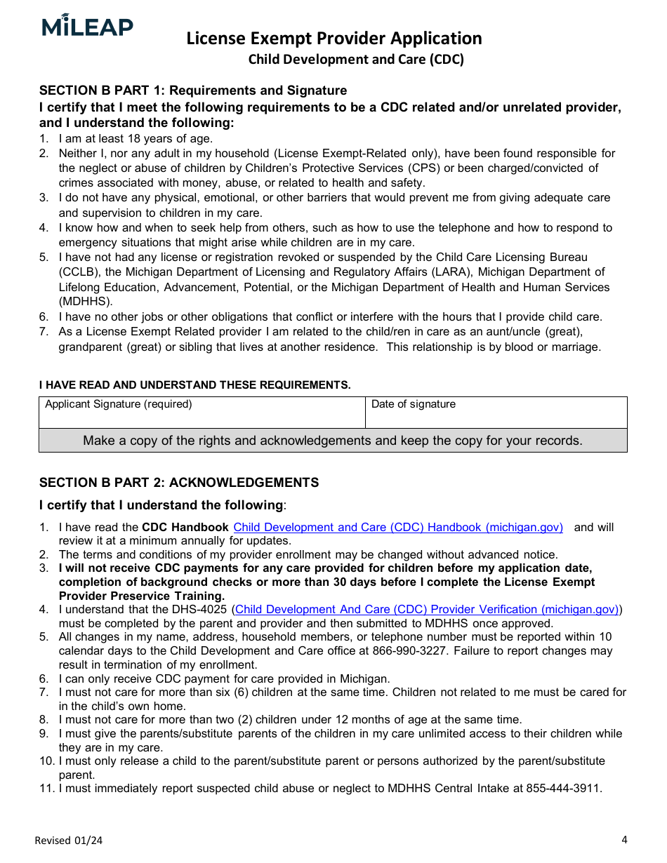 License Exempt Provider Application - Michigan, Page 4