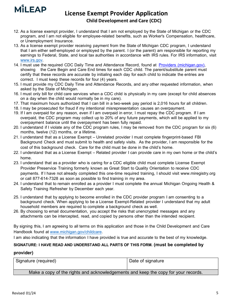 License Exempt Provider Application - Michigan, Page 5