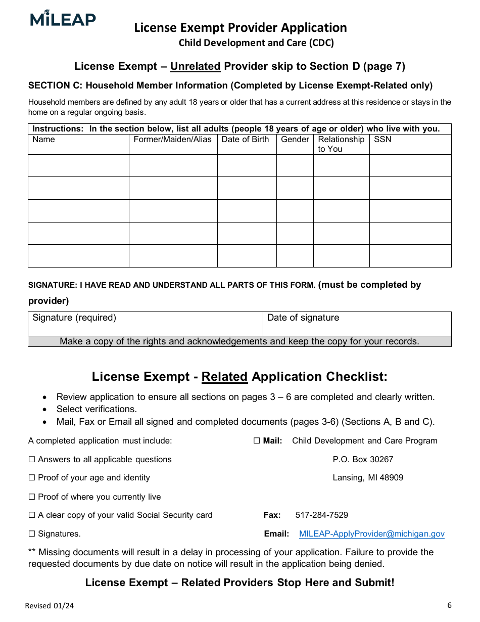 License Exempt Provider Application - Michigan, Page 6